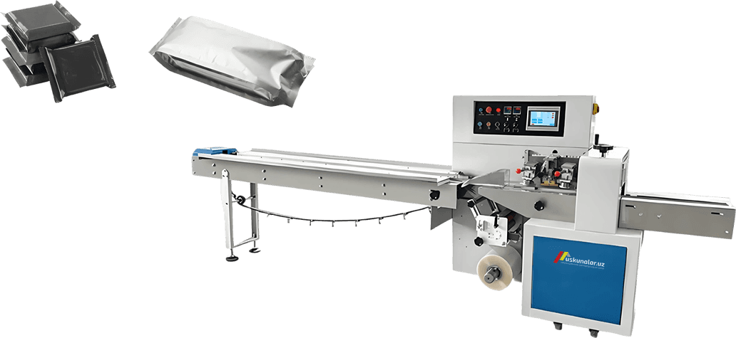 gorizontal qadoqlash uskunasi, keks qadoqlash uskunasi, shirinlik qadoqlash, pishiriq qadoqlash uskunasi, sovun qadoqlash uskunasi, gorizontal uskuna