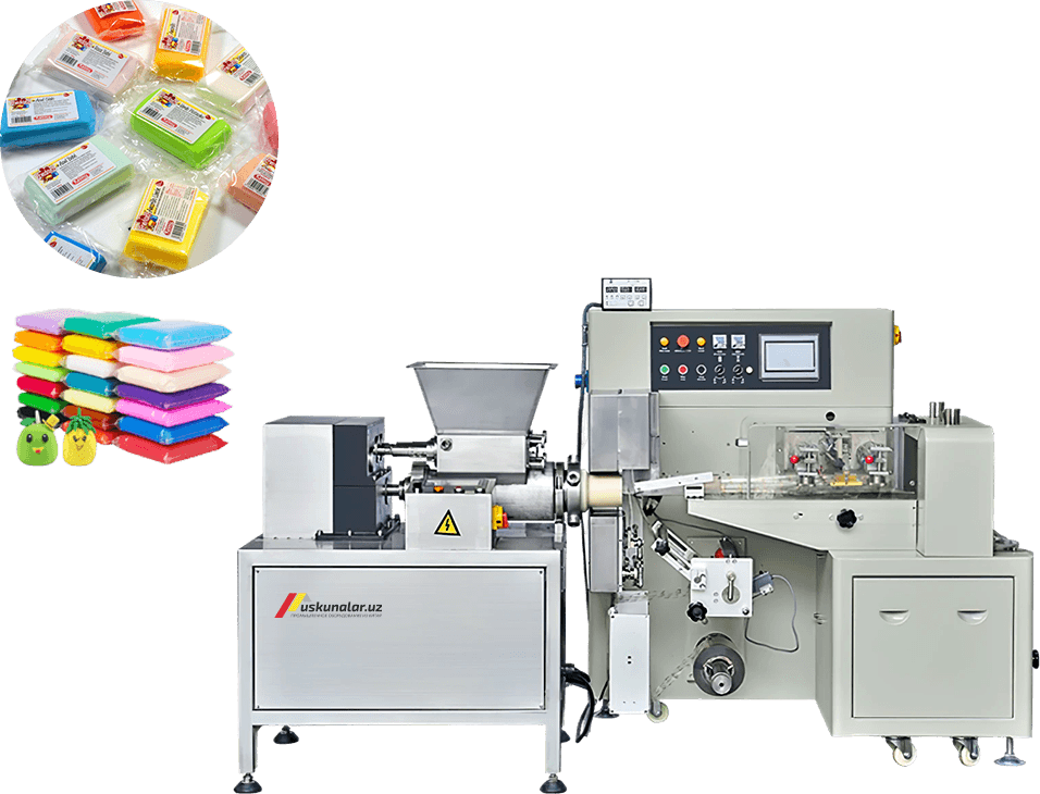 gorizontal qadoqlash uskunasi, plastilin ishlab chiqarish, shirinlik qadoqlash, slaym ishlab chiqarish, sovun qadoqlash uskunasi, gorizontal uskuna