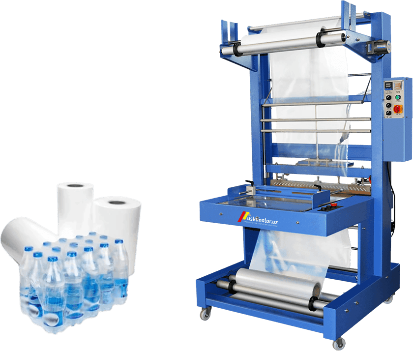 termoqadoqlash, muhrlash va kesish, POF, konveyer, sirkulyatsion termoqadoqlash, qutili choy qadoqlash, qutili kofe qadoqlash, gazli ichimlik qadoqlash, baklashka bloklash, shishani bloklash uskunasi, plyonka o'rash uskunasi, bloklash uskunasi