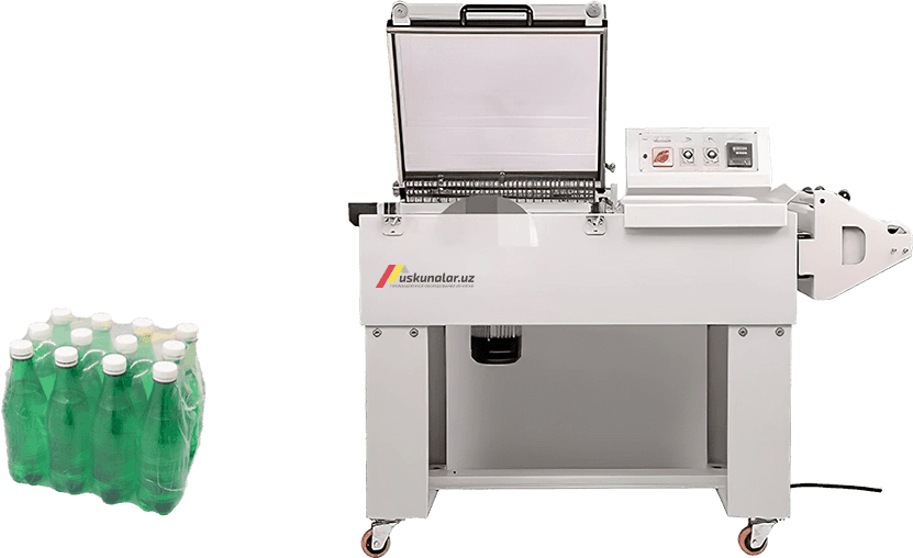 termoqadoqlash, muhrlash va kesish, POF, konveyer, sirkulyatsion termoqadoqlash, qutili choy qadoqlash, qutili kofe qadoqlash, gazli ichimlik qadoqlash, baklashka bloklash, shishani bloklash uskunasi, plyonka o'rash uskunasi, bloklash uskunasi